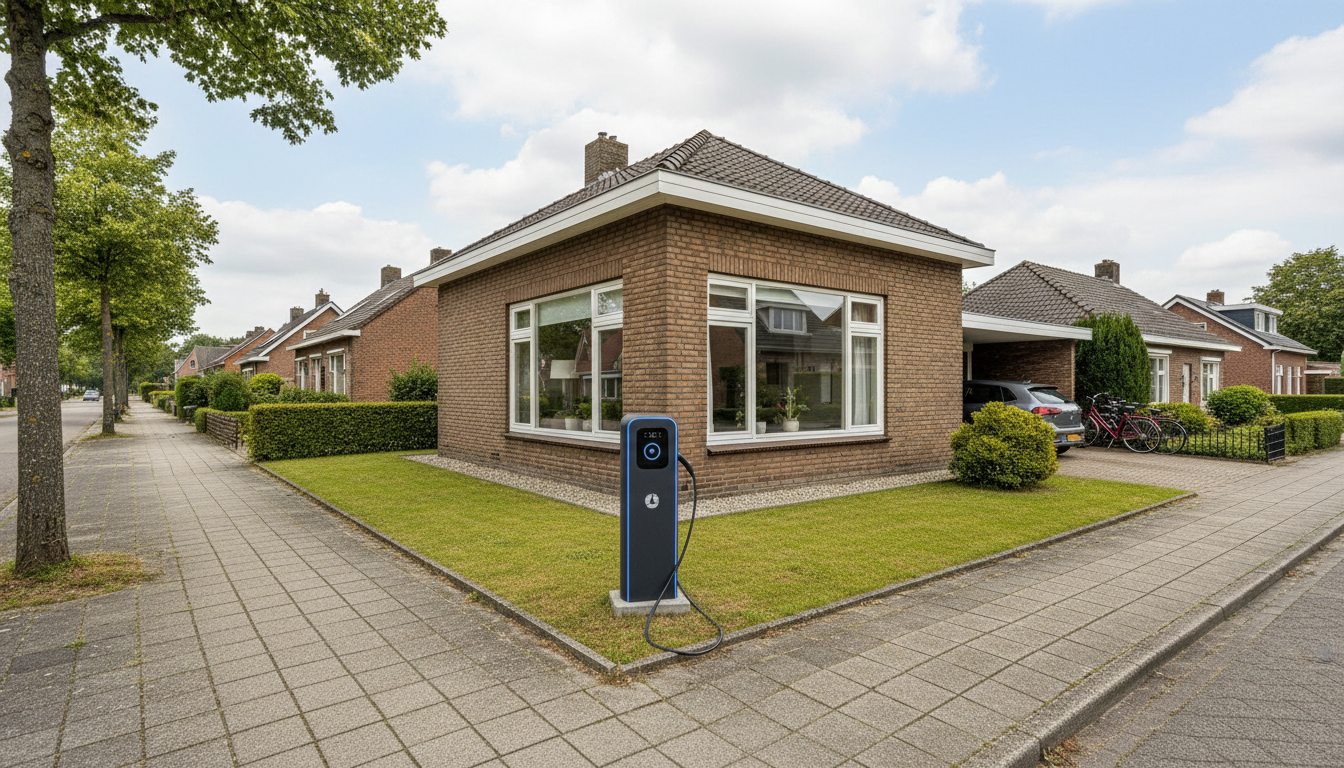 Straatbeeld met laadpaal op woning in Flandre in de winter