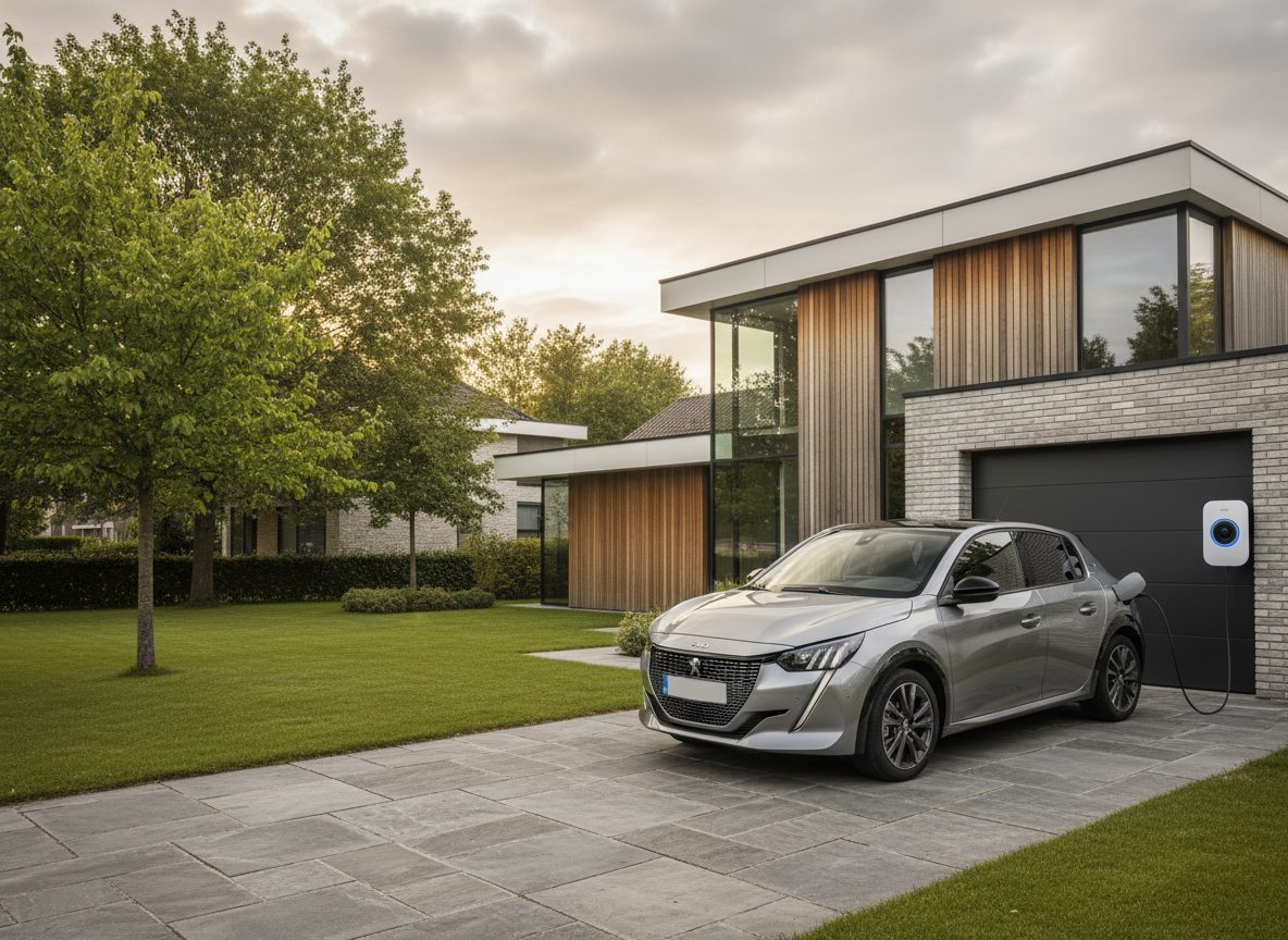 laadpaal installatie bij bakstenen woning in Flandre in de winter