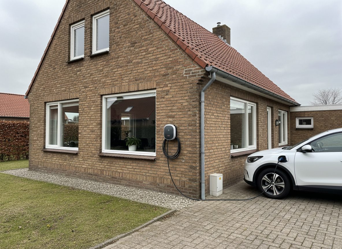 laadpaal installatie bij bakstenen woning in Flandre